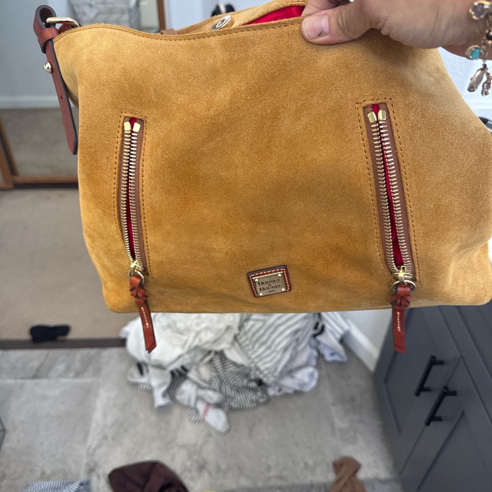 Dooney & Bourke Suede Hobo in Mustard with Red Accents